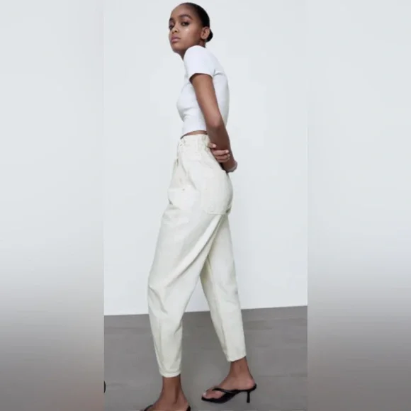 Zara White Paperbag Waist Trousers Jeans Size 10 - Picture 11 of 12